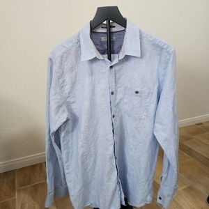 Ted Baker Light Blue Long-Sleeve Flip Cuff Button-Down Shirt, Size 5 Linen Blend